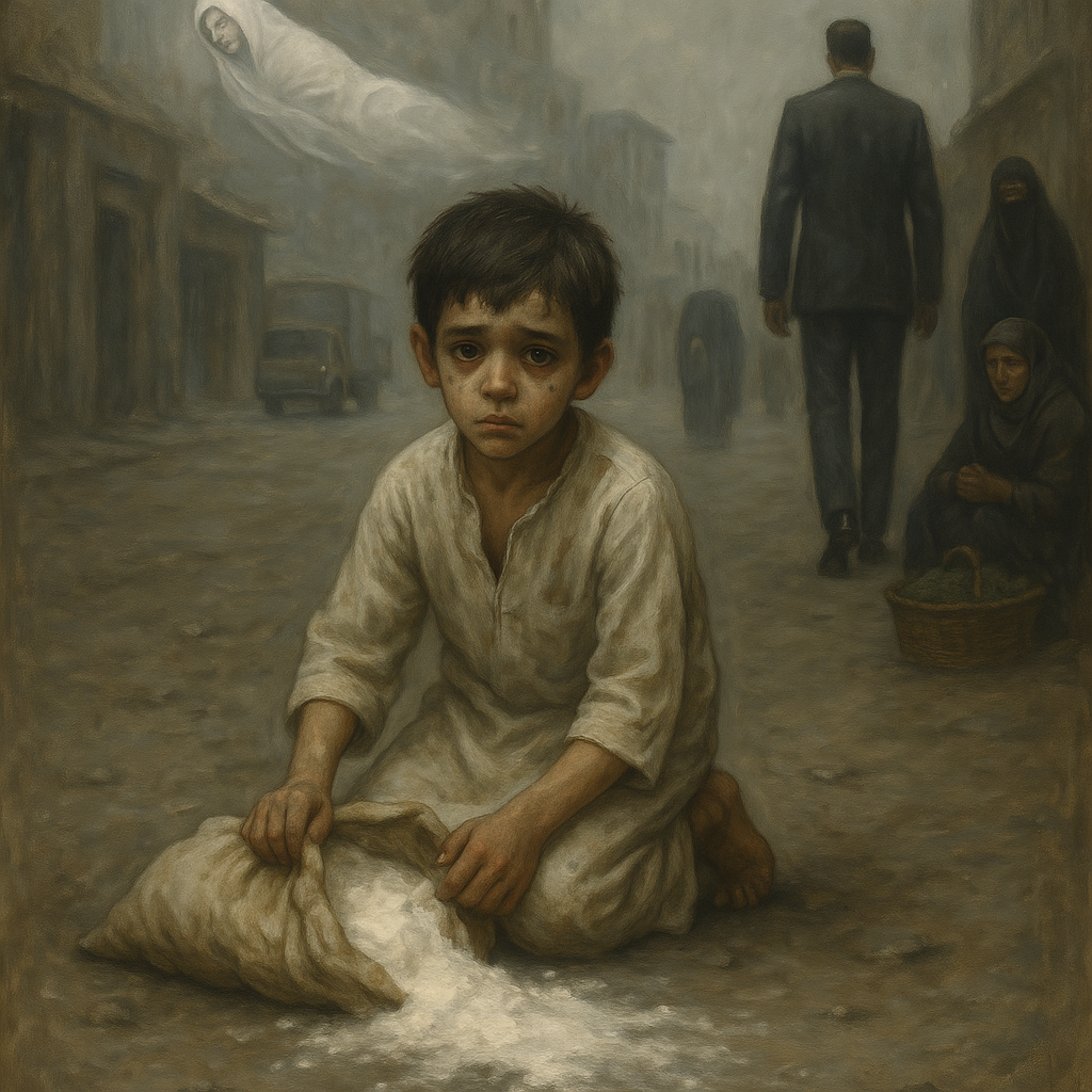 صبي في العاشرة تقريبًا، نحيل، يرتدي جلبابًا أبيض قديمًا ملطخًا بالتراب والطحين، وجهه متسخ، لكن عينيه واسعتان، حزينتان. يقف أو يجثو على ركبتيه بجانب كيس طحين ممزق، يحاول لملمة ما تناثر منه.