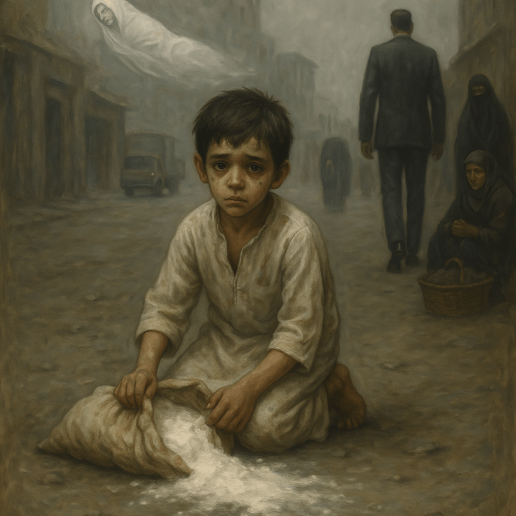 صبي في العاشرة تقريبًا، نحيل، يرتدي جلبابًا أبيض قديمًا ملطخًا بالتراب والطحين، وجهه متسخ، لكن عينيه واسعتان، حزينتان. يقف أو يجثو على ركبتيه بجانب كيس طحين ممزق، يحاول لملمة ما تناثر منه.