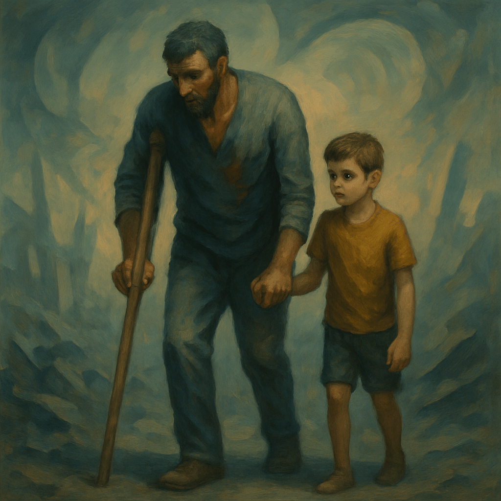 الصغير لا يقول شيئاً، يُمسك يد أبيه بإحكام، اليد صغيرة، لكنها تُمسك كما لو أنها آخر ما تبقى، وكأنها تريد أن تقول للعالم: لن تسقط، ما دمتُ هنا.