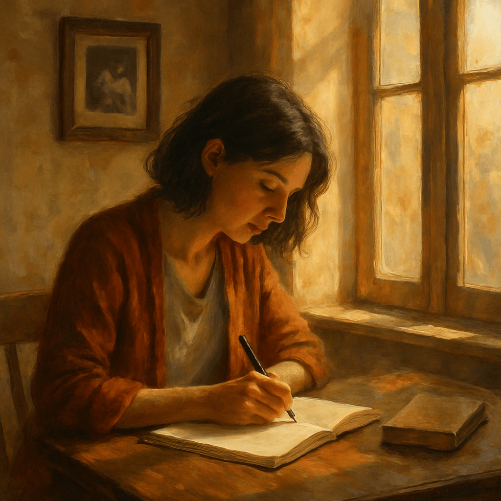 امرأة تجلس بهدوء إلى طاولة خشبية وتكتب في دفتر، بينما ينساب ضوء الشمس الذهبي من نافذة قريبة، المشهد يعبّر عن لحظة تأمل، حيث تتحول التفاصيل الصغيرة إلى كلمات نابضة بالحياة.