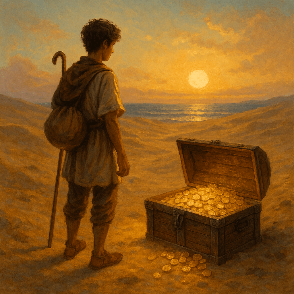 يقف الراعي الشاب سانتياغو في صحراء ذهبية عند الغروب، يتأمل كنزاً مليئاً بالقطع الذهبية. 
المشهد يجسّد لحظة الاكتشاف العميق: أنّ الكنز الحقيقي ليس فقط ما يُرى، بل ما يُكتسب خلال الرحلة — من حكمة، وتجربة، وفهم للذات.