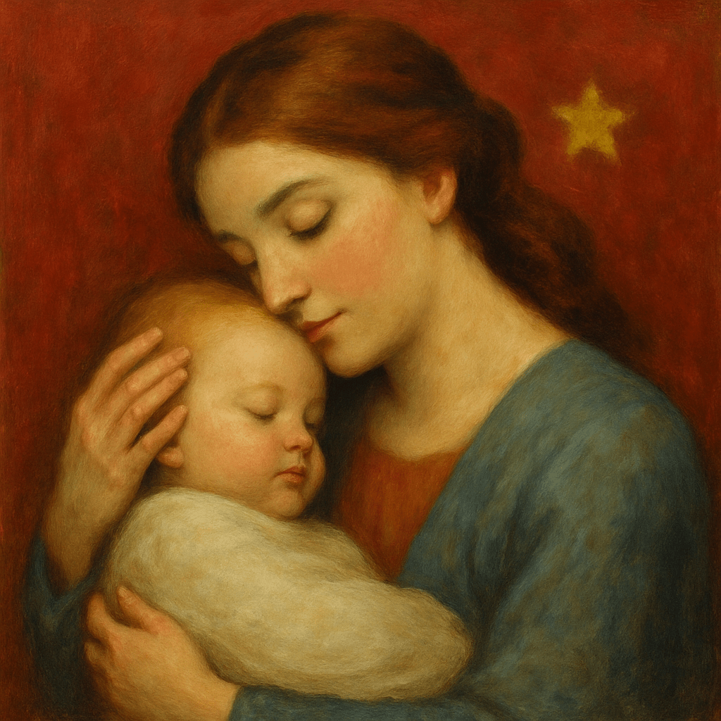 الصورة تُجسّد مشهداً حميمياً ودافئاً بين أم وطفلها الرضيع. تظهر الأم، ذات الشعر الكستنائي المائل إلى الحمرة، وهي تضم طفلها برقة إلى صدرها، تعبير وجهها هادئ ومفعم بالحنان، وقد أغمضت عينيها في لحظة سكون عاطفية.