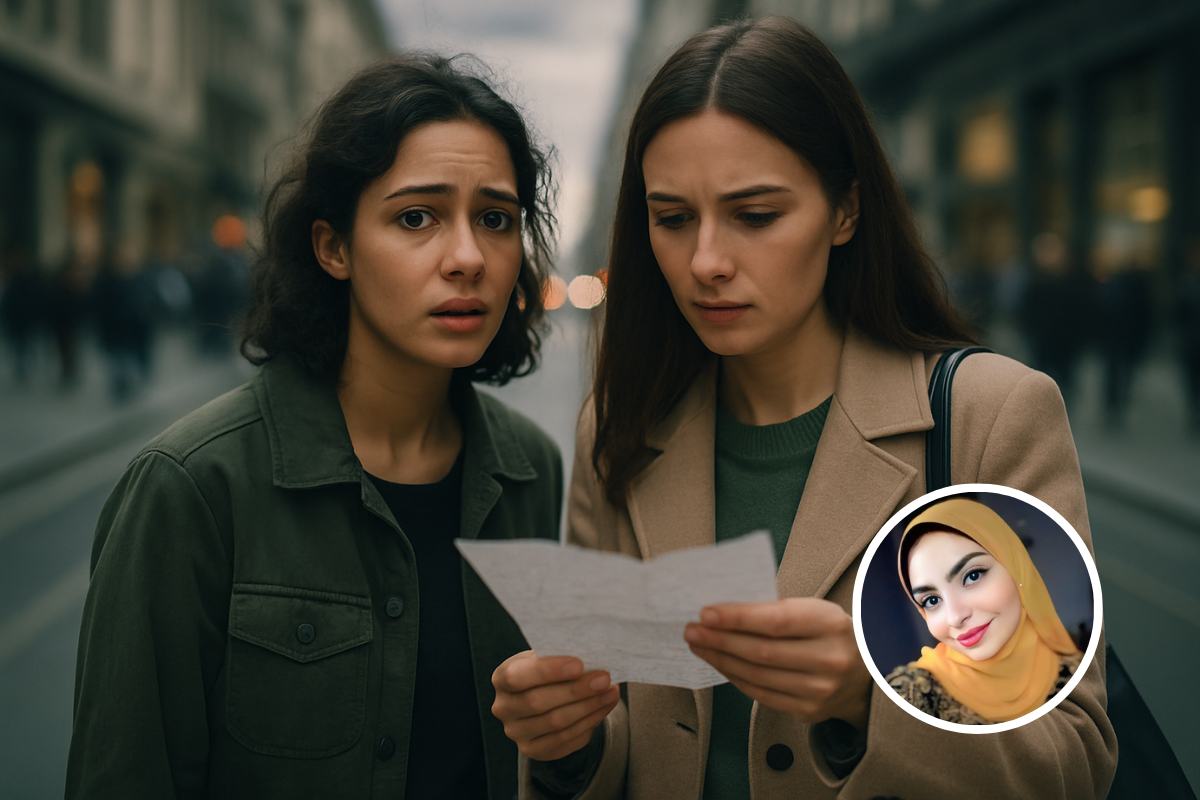 فتاتان واقفتان في شارع مزدحم، إحداهما تنظر بقلق واضح، والأخرى تقرأ ورقة كأنها خريطة، بينما تذوب الخلفية في ضجيج المدينة الغائمة… مشهد يختصر حيرة الإنسان في وجه الضياع.