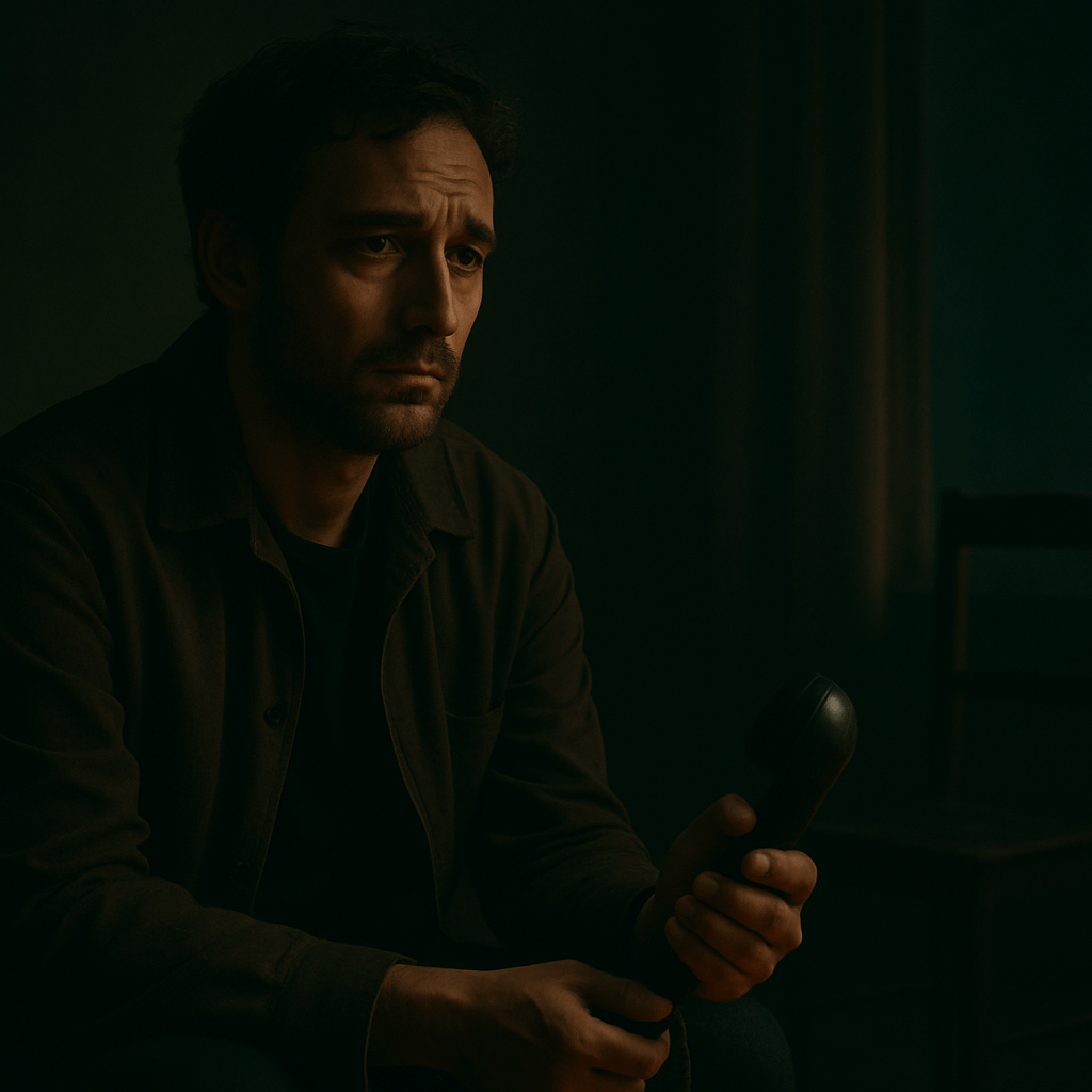 رجل جالس في غرفة معتمة، يحمل سماعة هاتف قديم بيد مرتجفة ونظرات شاردة يملؤها الانتظار.
الصمت يملأ المشهد، كأن اللحظة معلّقة بين فقدٍ لم يُقال وكلمة لن تأتي.