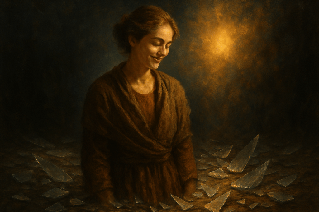 امرأة بملامح هادئة تبتسم في تأملٍ داخلي، يحيط بها زجاجٌ مهشّم وكأنها تنهض من رماد انكساراتها. الخلفية المظلمة والضوء الدافئ يرمزان لانبعاث القوة من الهشاشة والصمت.