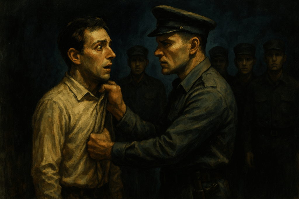 رجل يقف مذهولًا أمام ضابط أمن يشده من ياقة قميصه، بينما يقف خلفه أربعة رجال بوجوه جامدة في ظلّ قاتم. الصورة تعكس لحظة توتر وجودي بين الفرد الأعزل وسلطة قمعية تتهيأ لاقتياده بصمت وصرامة.
