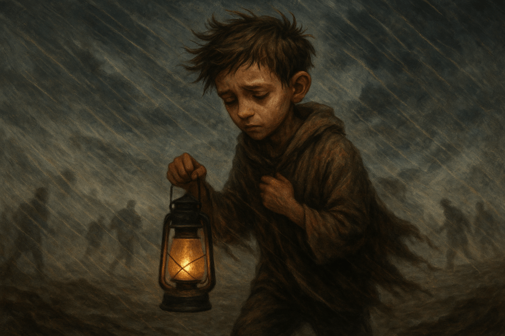 صورة فنية مؤثرة تظهر طفلًا وحيدًا يسير وسط عاصفة عاتية، ممسكًا بفانوس يضيء بخفوت في وجه الرياح.