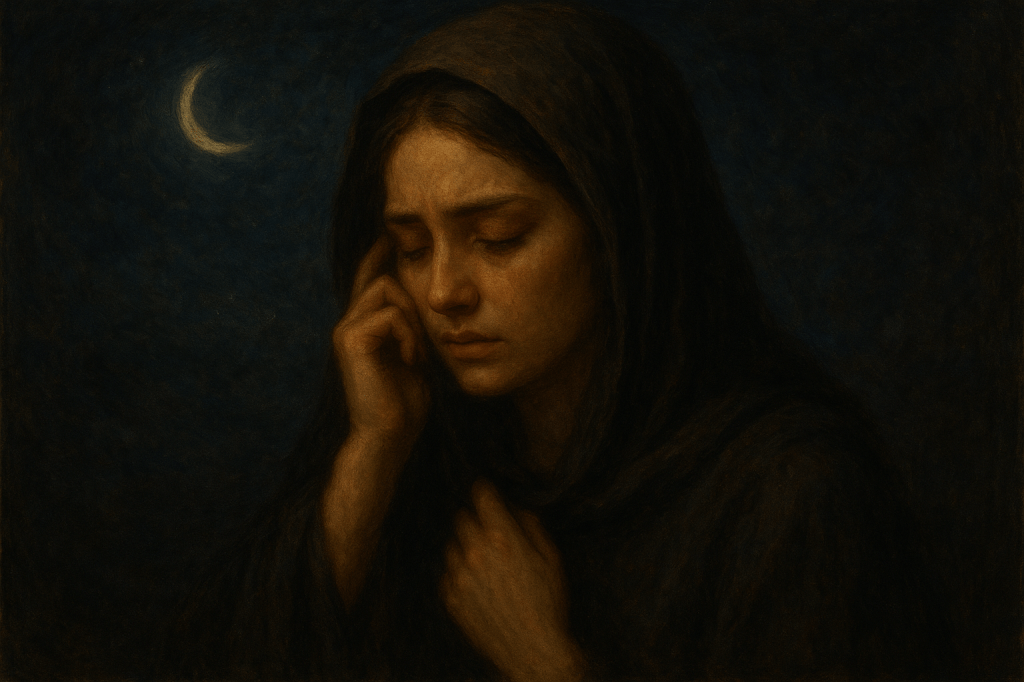 امرأة متوشحة بالسواد تجلس تحت ضوء القمر، تغمرها ملامح الحزن والتأمل العميق في عتمة الليل.