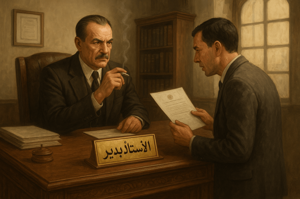 الصورة تُظهر مشهداً درامياً داخل مكتب تقليدي، حيث يجلس رجل مسن ذو ملامح صارمة خلف مكتب خشبي يحمل لوحة باسم "الأستاذ بدير"، بينما يقف أمامه رجل آخر يقدم له وثيقة. الجو يوحي بالتوتر والتركيز، مع إضاءة دافئة ونوافذ قديمة تضيف طابعاً رسمياً وجاداً للمشهد.