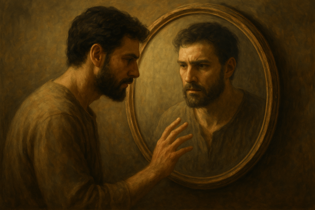 رجل ينظر إلى انعكاسه في المرآة بعمق وتأمل، وكأنه يواجه ذاته الداخلية.