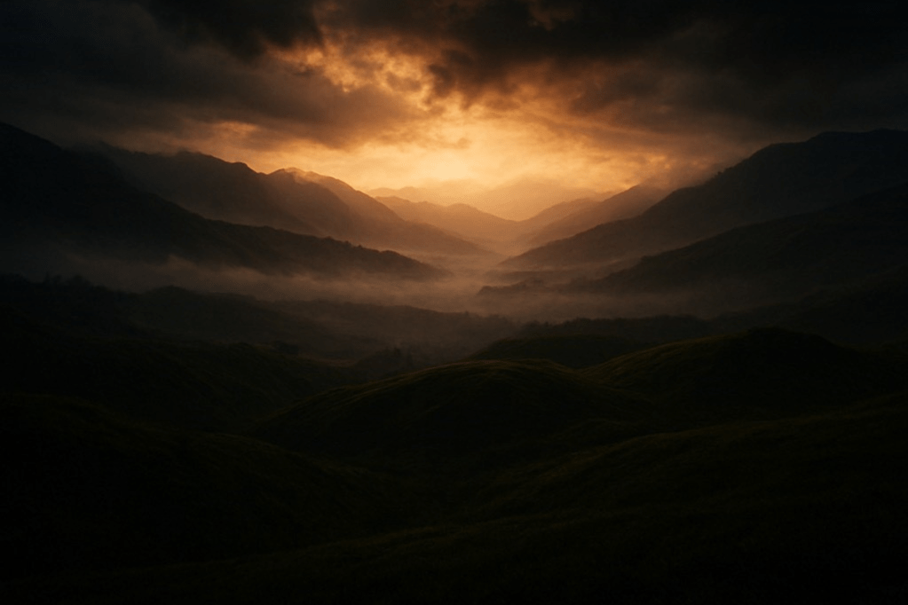 غروبٌ ذهبي يتسلل بين الجبال المظلمة، ليشق طريقه وسط الغيوم الثقيلة معلنًا ولادة نور من قلب العتمة.