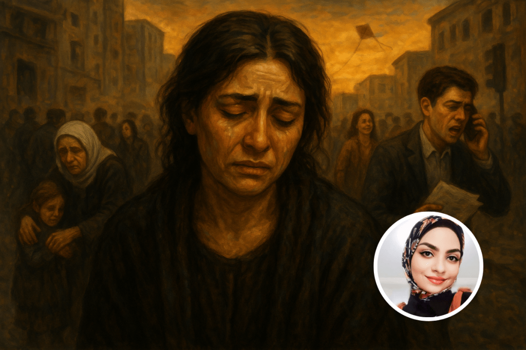 امرأة غارقة في الحزن تتوسط مشهداً حضرياً يعكس أوجاع الناس المختلفة بين فقر ومرض وضياع وأمل متلاشي.