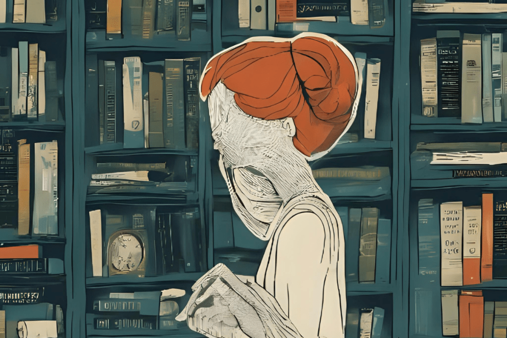 صورة تجريدية لامرأة تقف أمام رفوف مكتبة مليئة بالكتب.