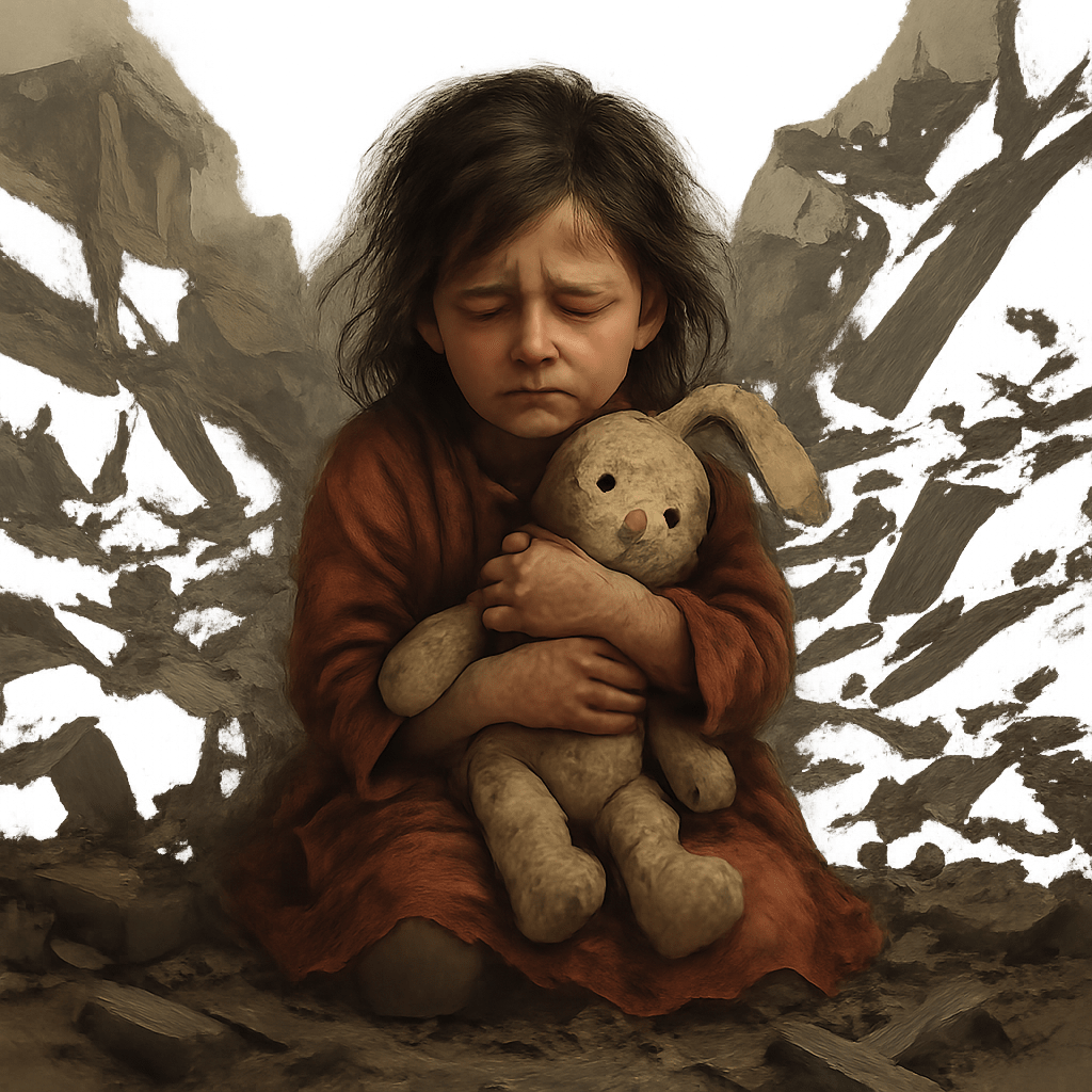 طفلة صغيرة ذات شعر أشعث جالسة في أرض قاحلة مليئة بالأنقاض، تحتضن دمية أرنب قديمة بإحكام، مع تعبير من اليأس والحزن الشديد على وجهها وسط خلفية ضبابية مدمرة.