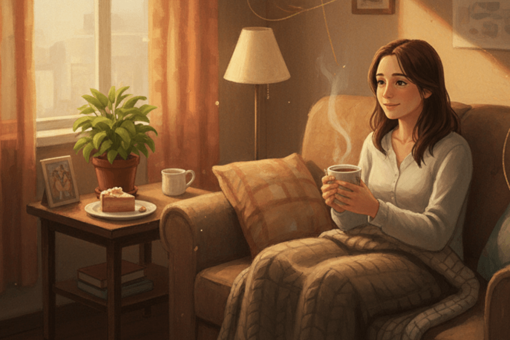 امرأة تجلس بهدوء في زاوية دافئة من بيتها، تحتسي قهوتها بابتسامة مطمئنة بينما يغمرها دفء الصباح.