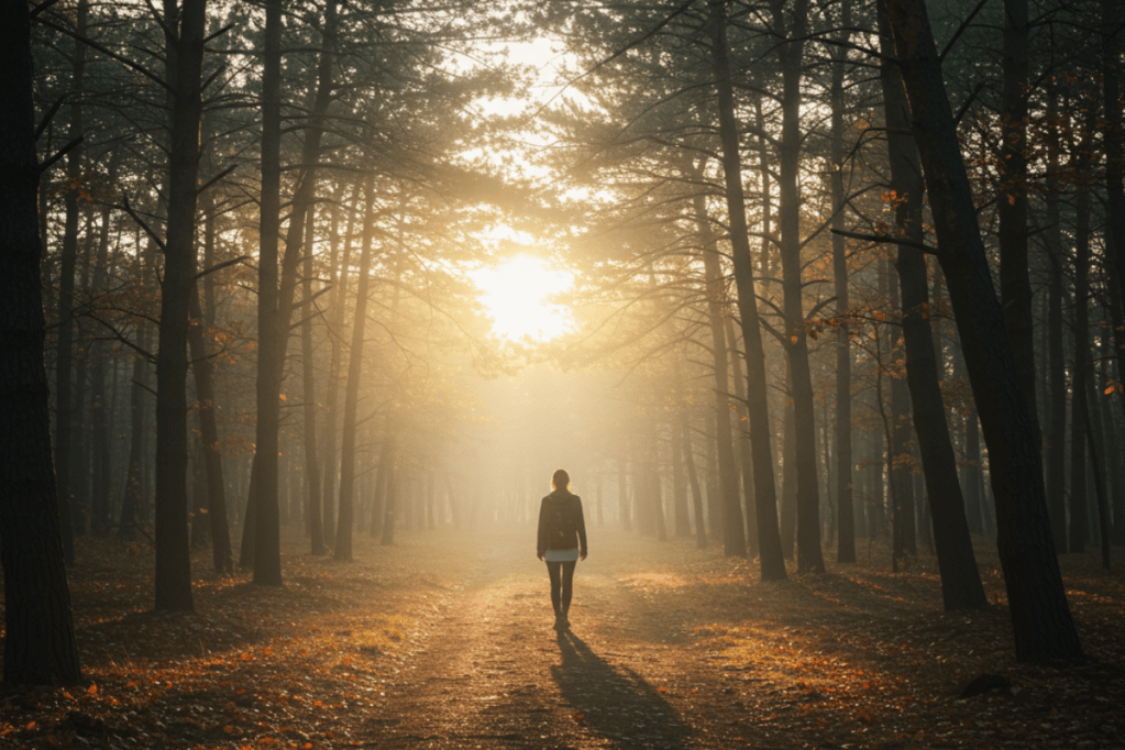 شخص يسير وحيداً في غابة هادئة تغمرها أشعة شمس ذهبية تخترق الضباب، في مشهد يحمل طابع التأمل والرحيل.