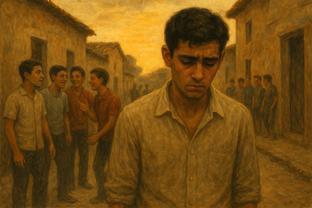 زغلول وهو يسير مطأطأ الرأس في أحد أزقة القرية عند الغروب، يغمره شعور بالحزن والعزلة.
في الخلفية، يقف مجموعة من الشباب يضحكون ويتبادلون الحديث، في تباين واضح مع عزلته الصامتة.