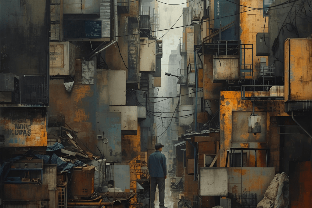 رجل وحيد يقف في زقاق ضيق بين مبانٍ متداعية ومزدحمة، تعكس الصورة شعورًا بالعزلة والضياع في مدينة مكتظة ومتهالكة.