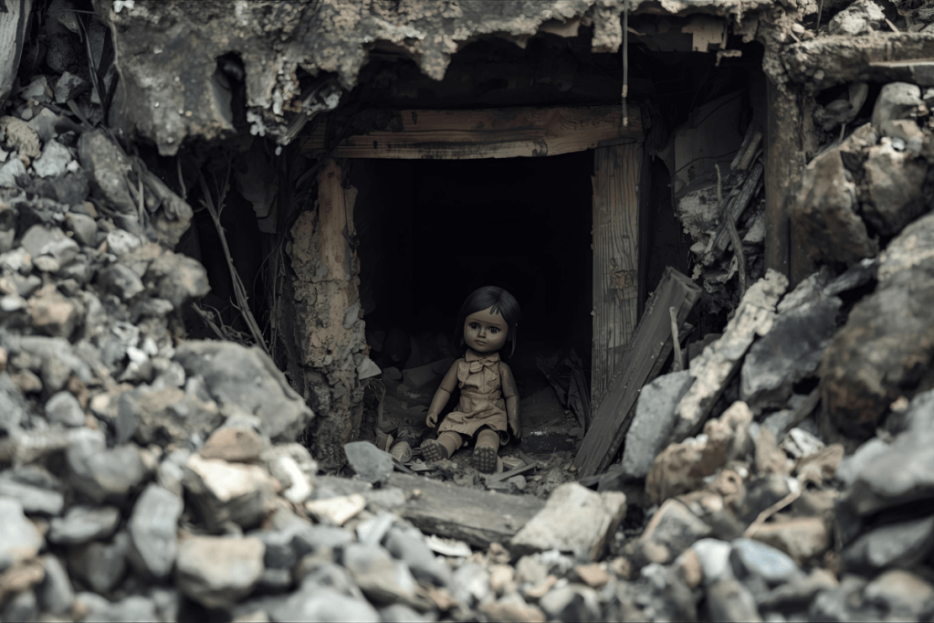 دمية وحيدة تجلس بين أنقاض بيتٍ مدمّر، شاهدة صامتة على براءة الطفولة تحت ركام الحرب.