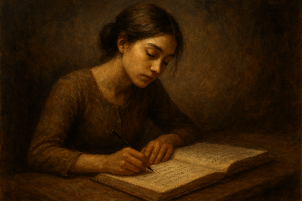 امرأة شابة تجلس في ضوء دافئ خافت، منحنية على دفتر كبير تكتب فيه بهدوء وتأمل.