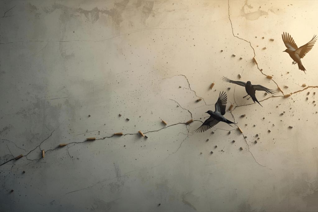 طيور تحلّق قرب جدار متصدّع تغمره ثقوب الرصاص، في مشهد يجمع بين الذاكرة الجريحة ورمز الحرية.