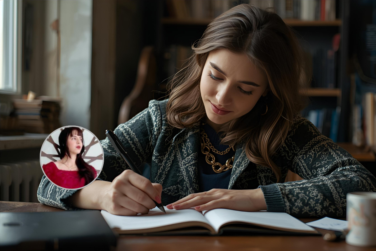 فتاة تكتب في دفترها بهدوء، يغمرها تركيز وإلهام في أجواء دافئة من الإبداع والتأمل.