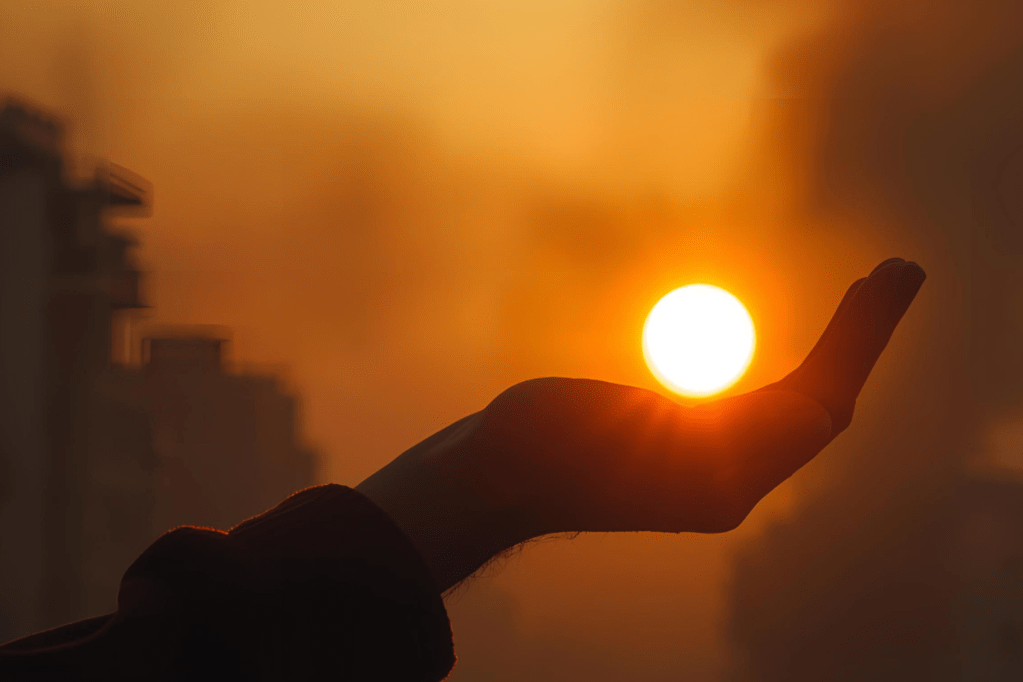 يد ممدودة تبدو وكأنها تحمل الشمس الغاربة، في مشهد يجمع بين الأمل والاحتواء وسط الغروب.