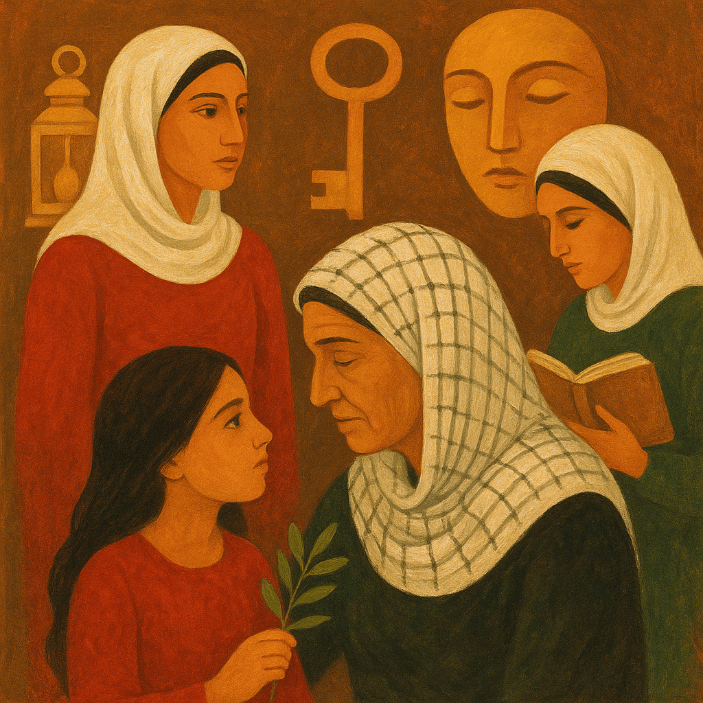 لوحة رمزية تُجسّد قوة المرأة الفلسطينية عبر الأجيال، حيث تلتقي الجدة بالحفيدة في لحظة تسليم للذاكرة والهوية.
تُحيط بهما رموز الوطن — المفتاح، الكتاب، وغصن الزيتون — كإرثٍ حيّ للمقاومة والصمود.