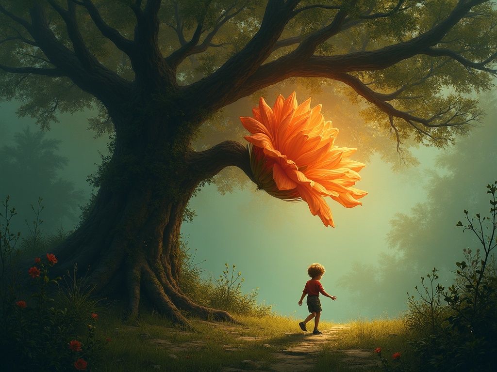 طفل يسير في غابة حالمة مضاءة بضوءٍ ذهبي ناعم، يتوقف مدهوشًا أمام زهرةٍ عملاقة متفتحة على غصن شجرةٍ عتيقة.