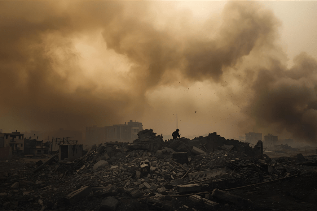 رجل وحيد يقف فوق أنقاض مدمّرة، بينما يتصاعد دخان كثيف يغطي السماء بلون الغروب الملطخ بالرماد.