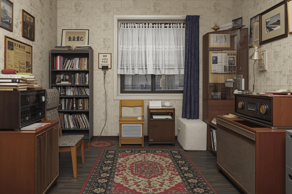 غرفة دراسة أنيقة تجمع بين الطابع الكلاسيكي والدفء المنزلي، تضم مكتبة مليئة بالكتب وأجهزة صوتية قديمة وسجادة شرقية تضفي لمسة أصيلة.
الإضاءة الهادئة والستائر البيضاء تمنح المكان طابعًا هادئًا مثاليًا للقراءة والتأمل.