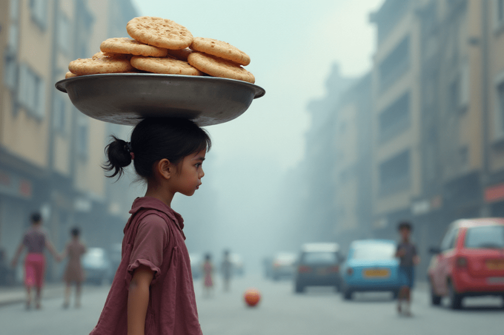 طفلة تحمل فوق رأسها صينية بطاطس تعبر الشارع