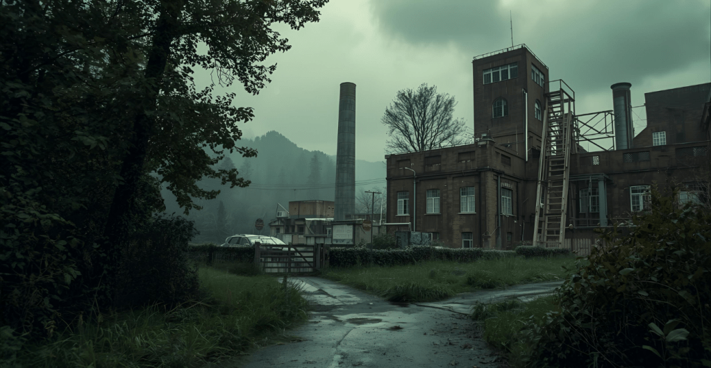 مصنع قديم معزول عند أطراف غابة كثيفة، يلفّه ضباب رمادي يزيد من إحساس الغموض والوحشة.
يوحي بأن المكان مهجور منذ زمن، كأن الزمن نفسه توقف عند عتبته.