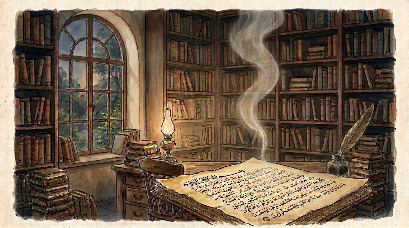 Illustrated library with Arabic manuscript, books, candle, and feather quill